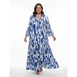 Mlle Gabrielle Printed Maxi Dress‎ Ruffle Bell Sleeve Womens M Blue/White